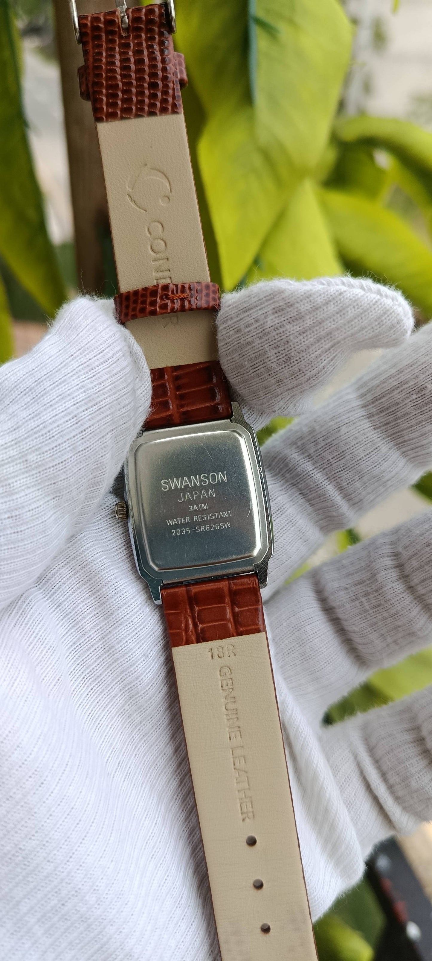 Swanson Japan Men's Watch – Black Rectangular Dial, Silver Case, Brown Croc-Embossed Leather Strap