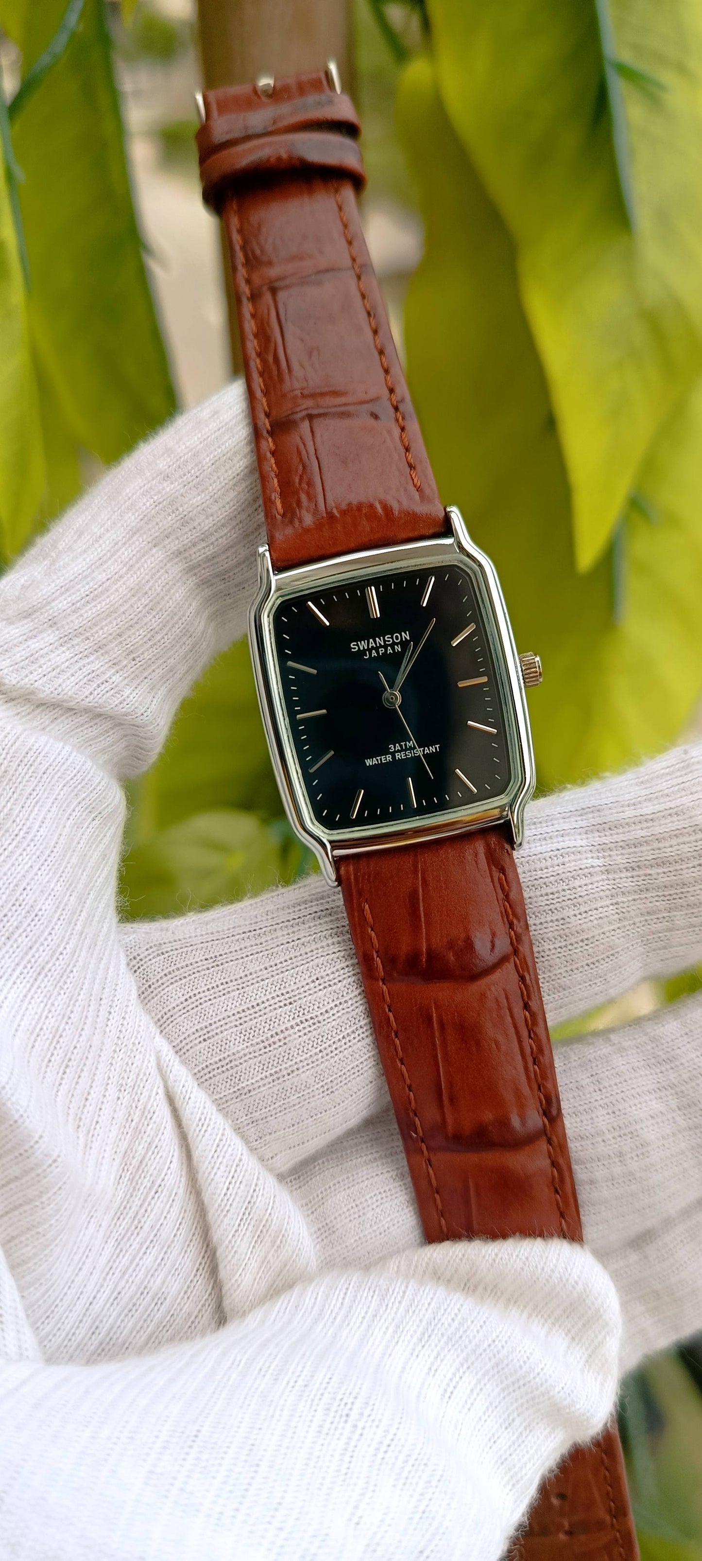 Swanson Japan Men's Watch – Black Rectangular Dial, Silver Case, Brown Croc-Embossed Leather Strap, 34mm