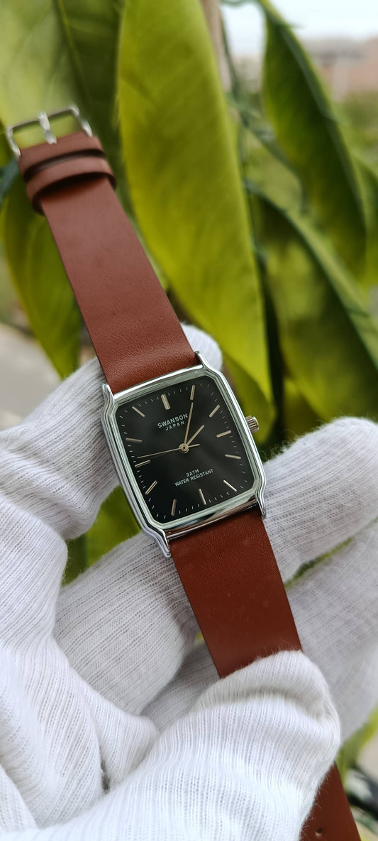 Swanson Japan Men's Watch – Black Rectangular Dial, Silver Case, Smooth Brown Leather Strap