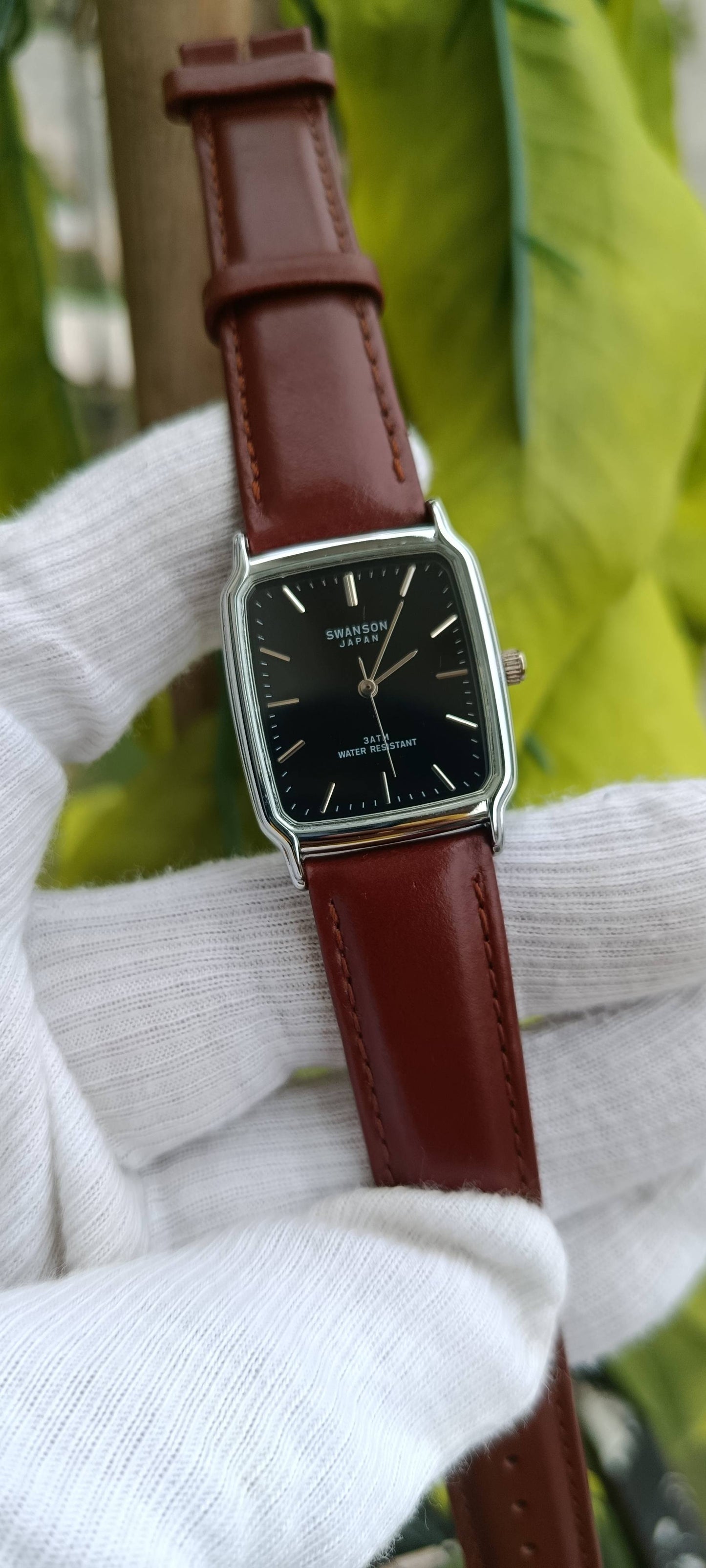 Swanson Japan Men's Watch – Black Rectangular Dial, Silver Case, Reddish-Brown Leather Strap