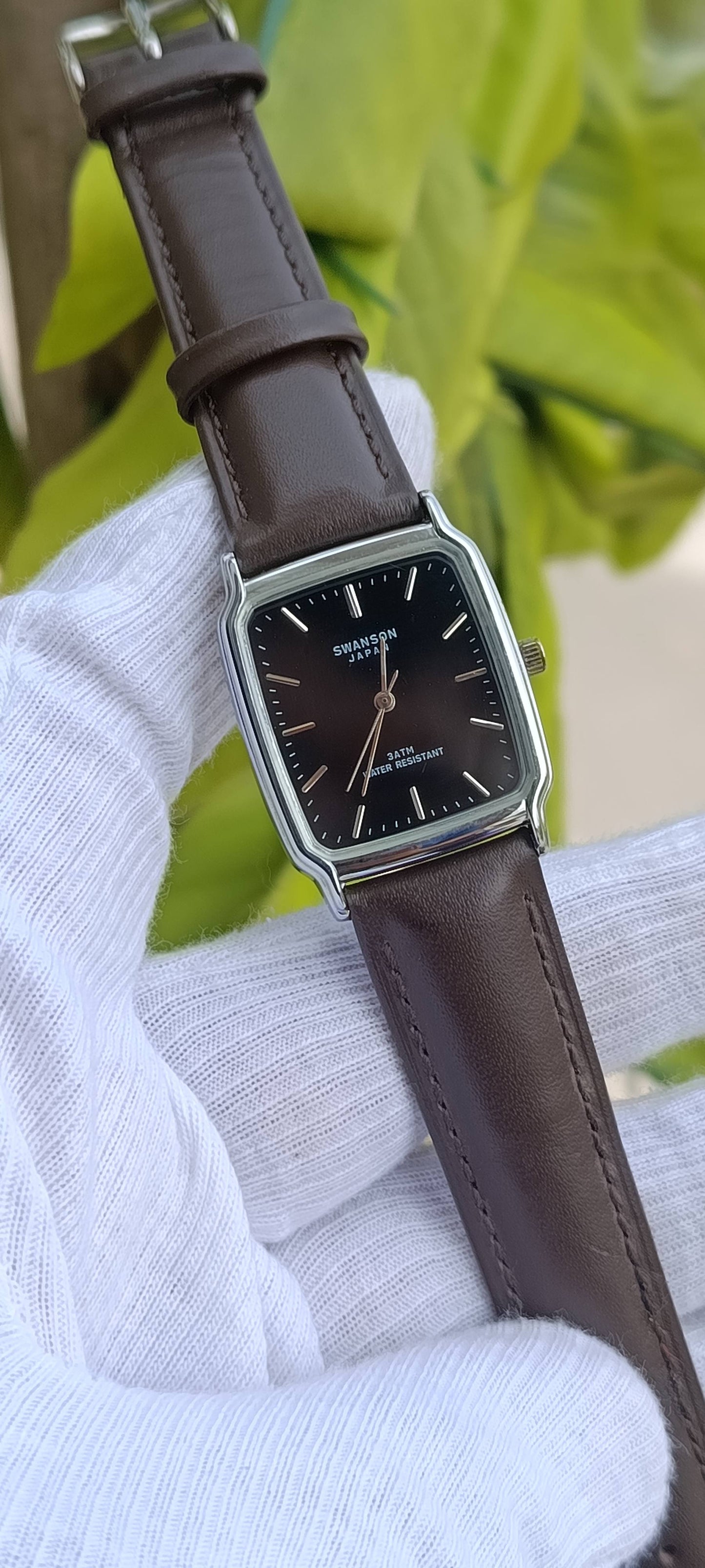 Swanson Japan Classic Rectangular Watch – Black Dial & Brown Leather Strap