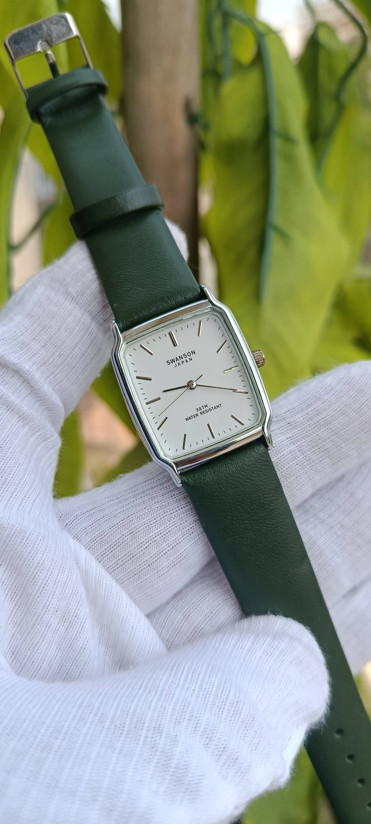Swanson Japan Classic Rectangular Watch – White Dial & Green Leather Strap (34mm)