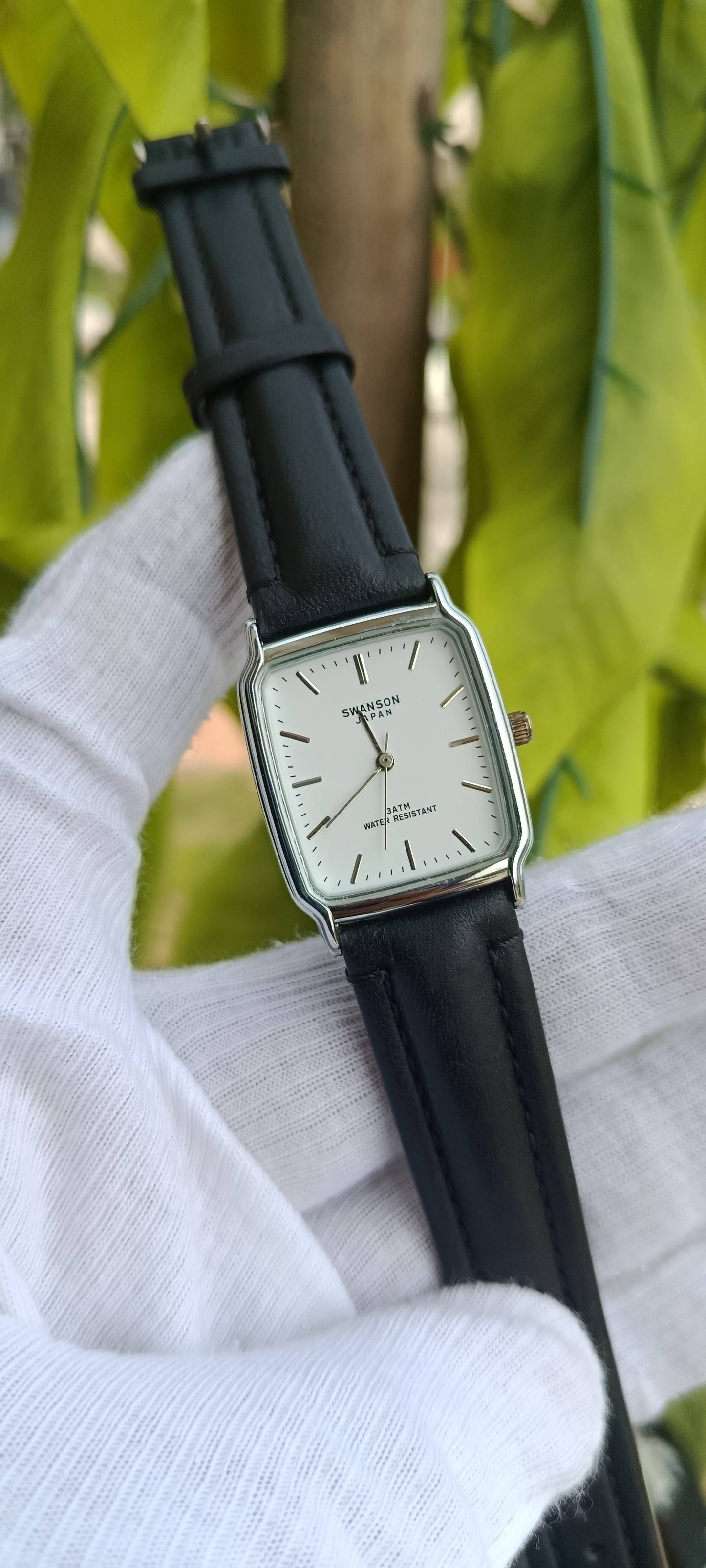 Swanson Japan Classic Rectangular Watch – White Dial & Black Leather Strap