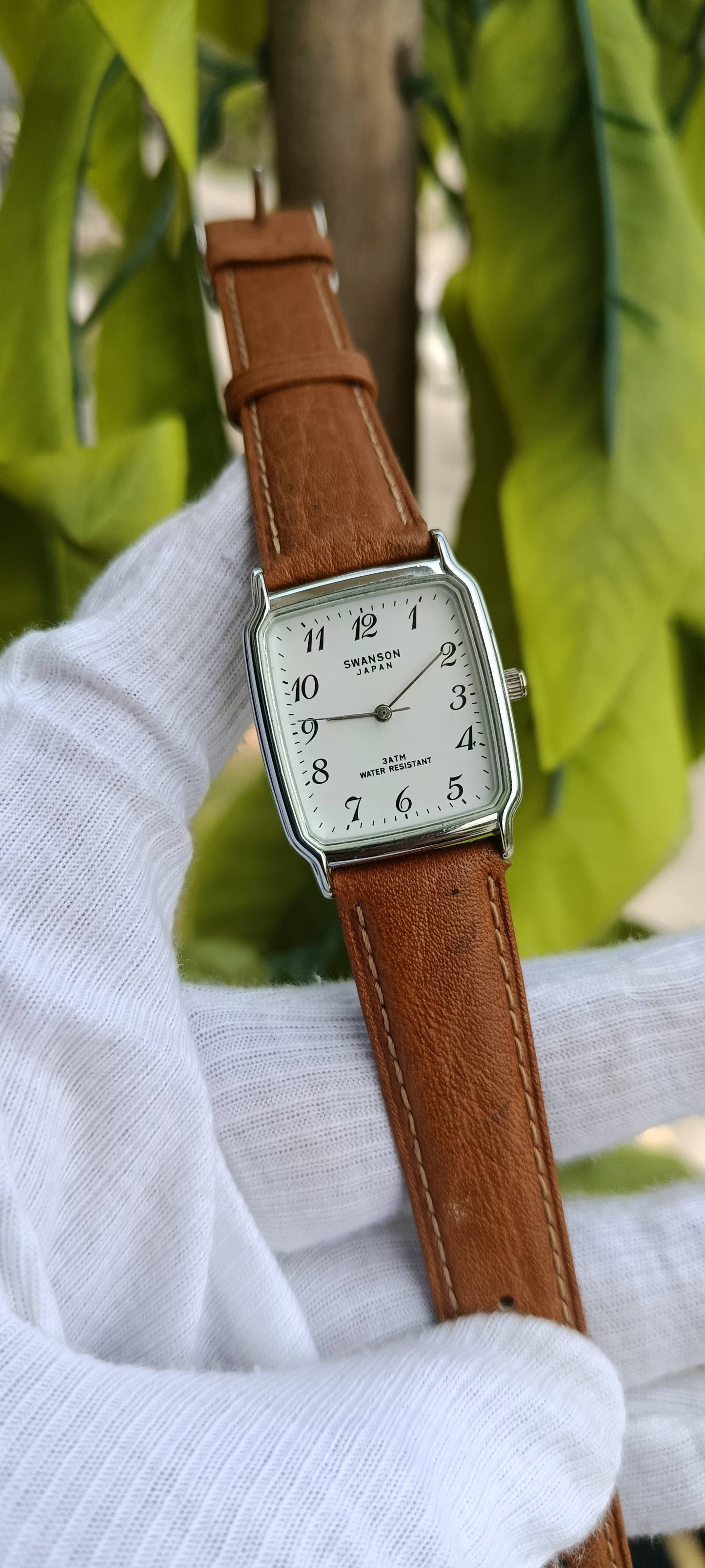 Swanson Japan Vintage Tank Watch – Silver Rectangular Case with Light Brown Leather Strap