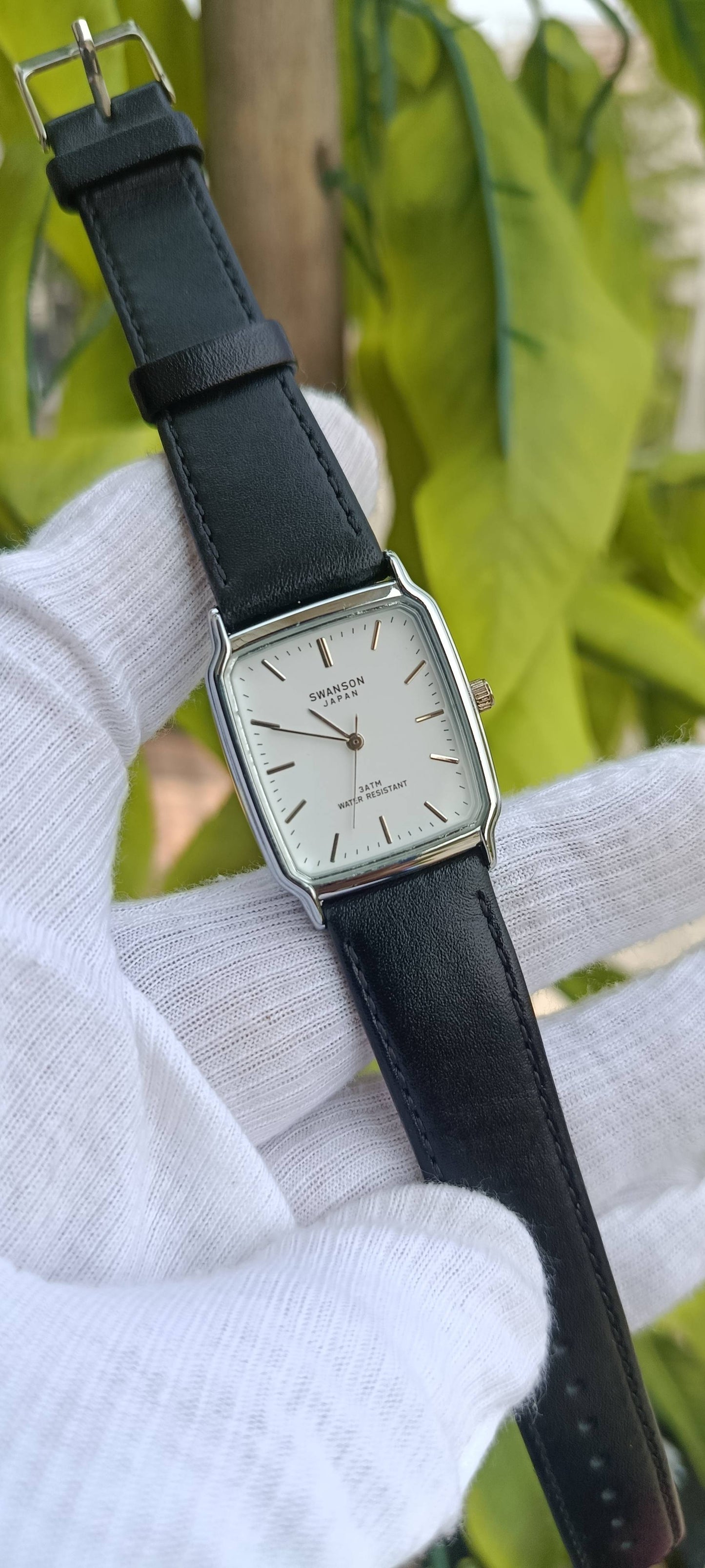 Swanson Japan Vintage Tank Watch – Silver Rectangular Case with Black Leather Strap