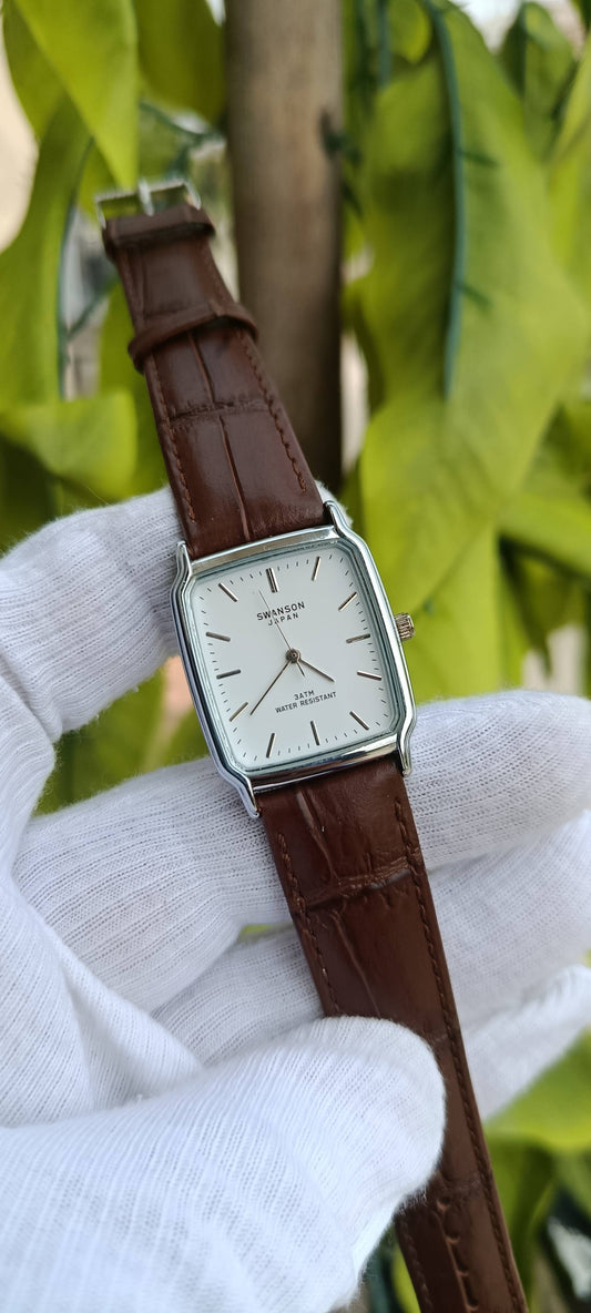 Swanson Japan Vintage Tank Watch – Silver Rectangular Case with Dark Brown Leather Strap