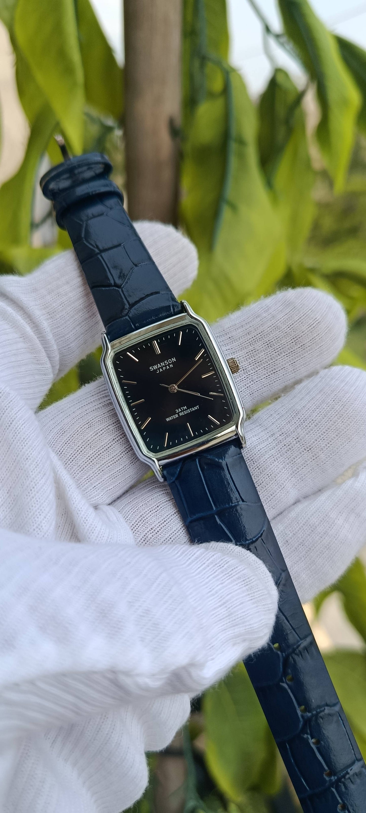 Swanson Japan Vintage Tank Watch – Silver Rectangular Case with Navy Blue Crocodile Leather Strap