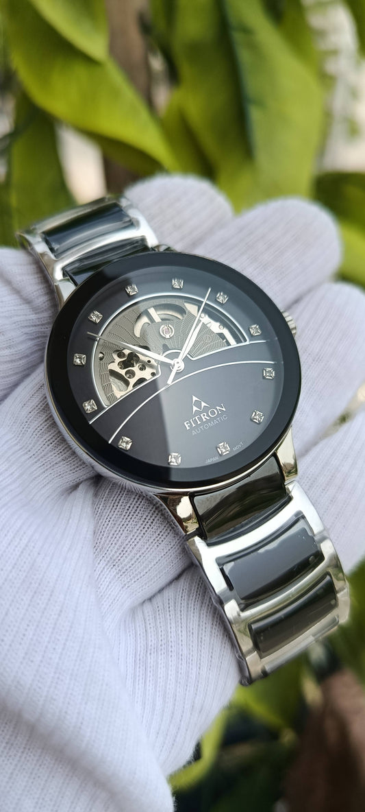 Fitron Automatic Skeleton Watch - Two-Tone Black Silver Dial with Ceramic Link Steel Bracelet for Men