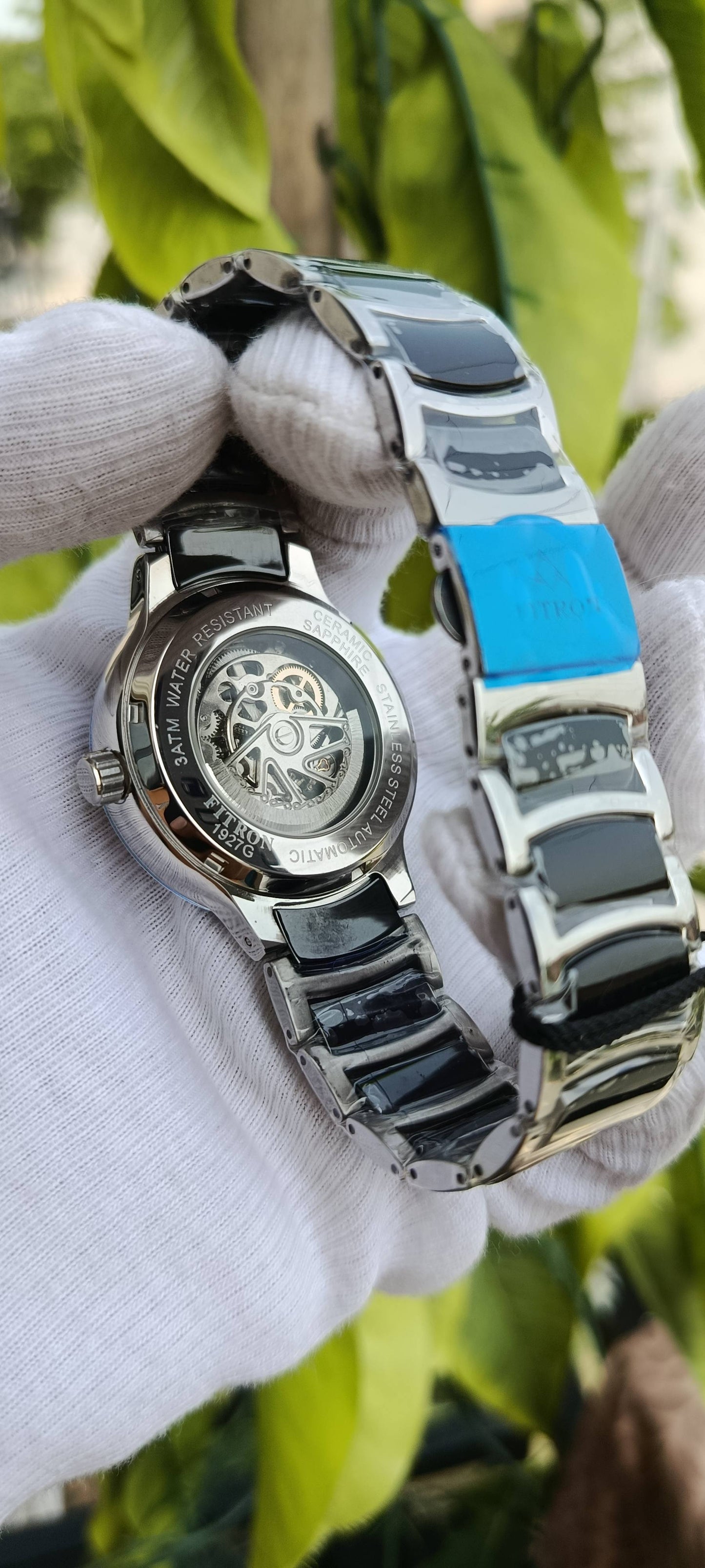 Fitron Automatic Skeleton Watch - Two-Tone Black Silver Dial with Ceramic Link Steel Bracelet for Men