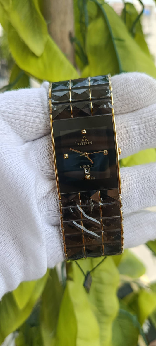 Fitron Ceramic Rectangle Dial Men's Watch – Black & Gold Diamond Markers