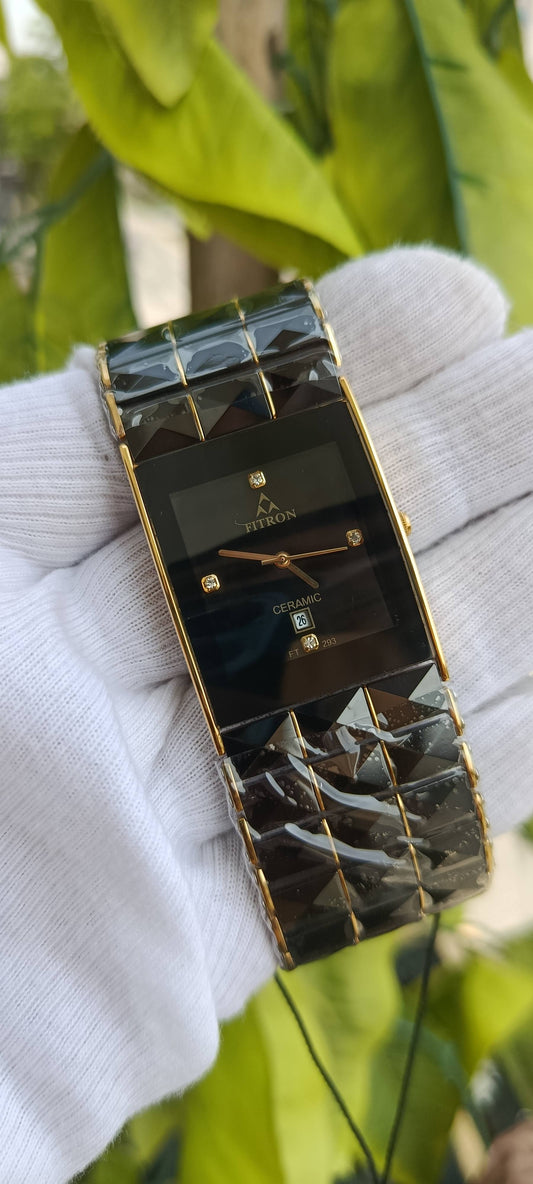 Fitron Ceramic Rectangle Dial Men's Watch – Black & Gold Diamond Markers