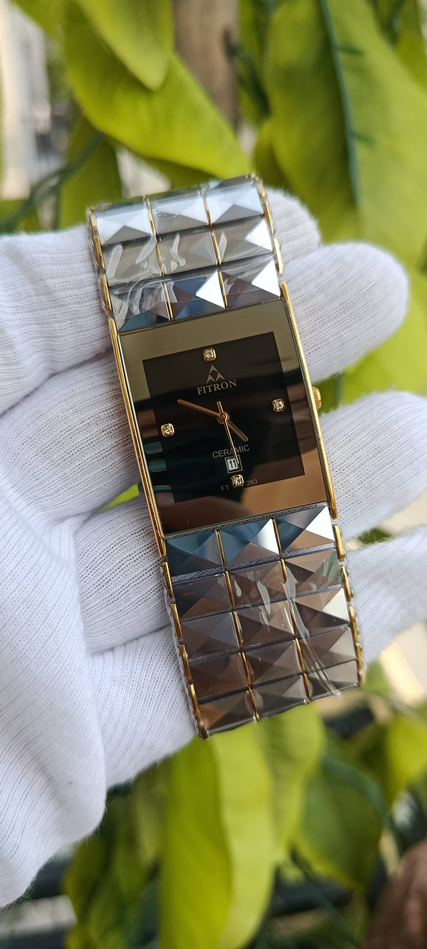 Fitron FT293 Ceramic Watch – Gold Rectangle Dial with Diamond Hour Markers