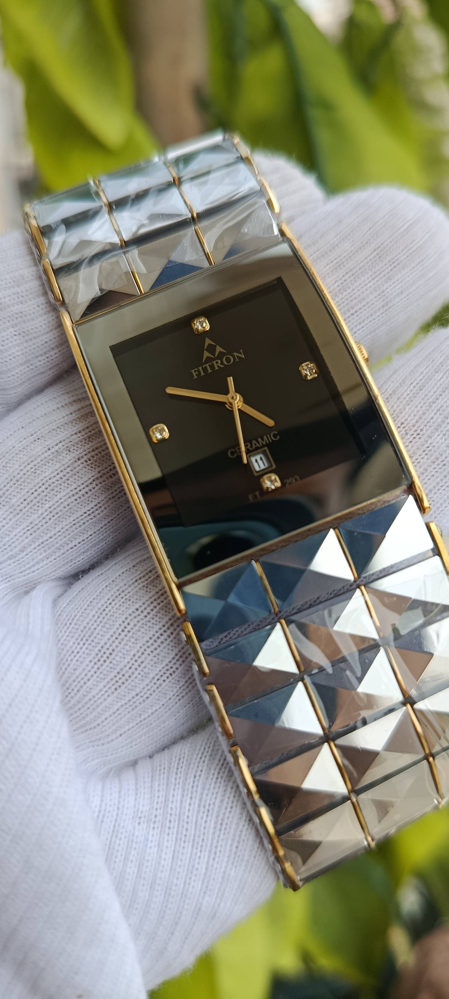 Fitron FT293 Ceramic Watch – Gold Rectangle Dial with Diamond Hour Markers