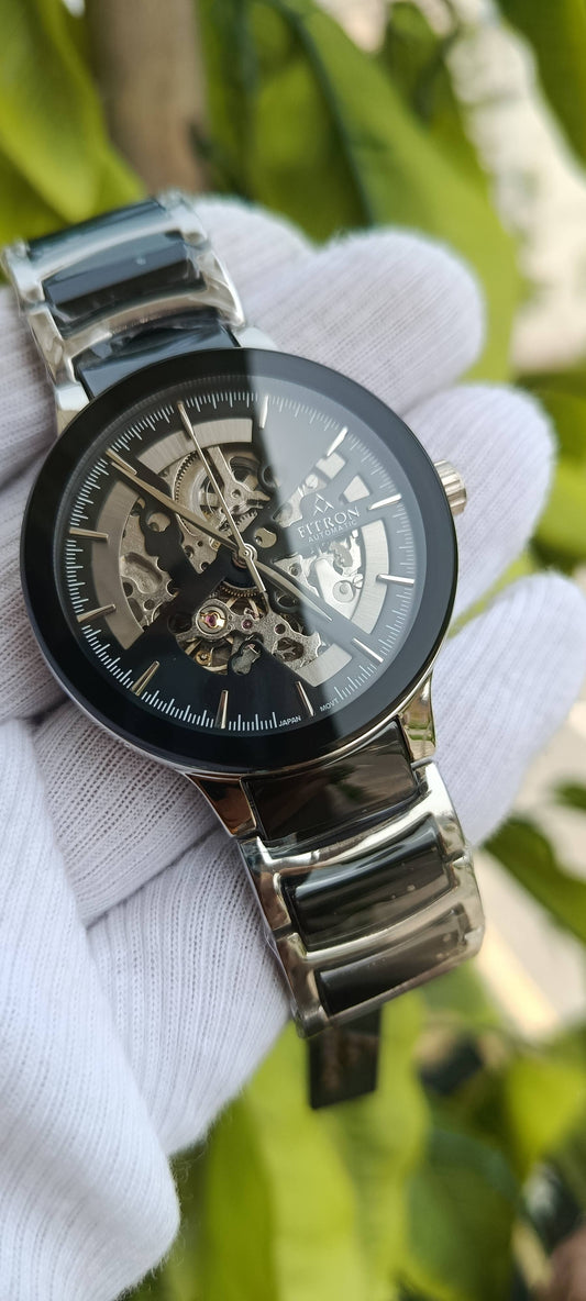 Fitron Automatic Skeleton Watch for Men – Silver Stainless Steel Full Open Dial Mechanical Wristwatch