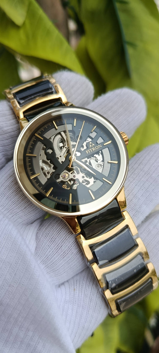 Fitron Automatic Skeleton Watch for Men – Full Open Dial Gold & Black Mechanical Wristwatch