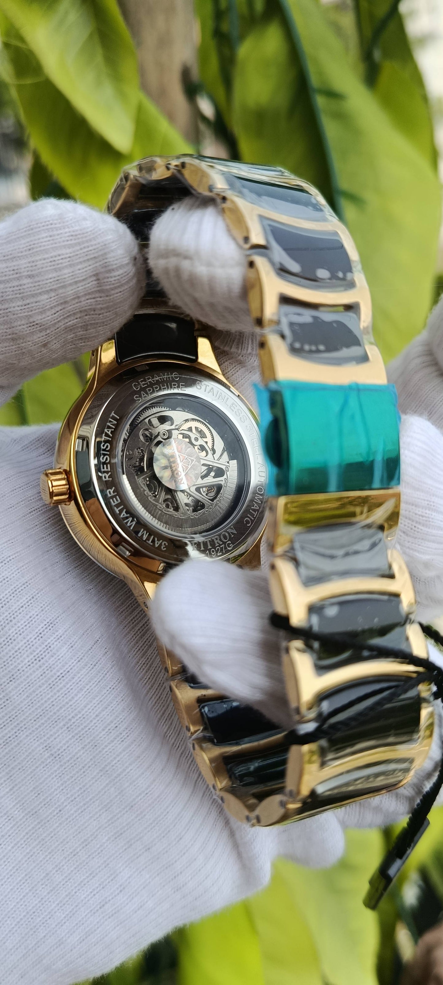 Fitron Automatic Skeleton Watch for Men – Full Open Dial Gold & Black Mechanical Wristwatch