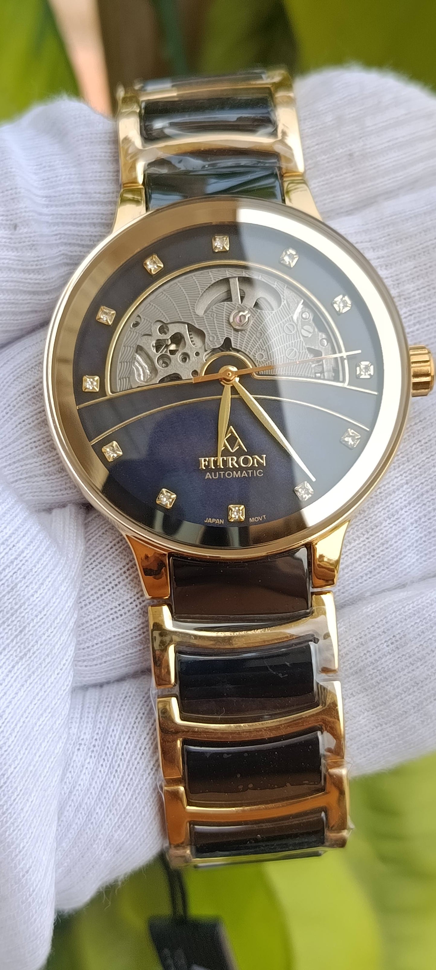 Fitron Automatic Skeleton Watch for Men – Gold & Black Stainless Steel Mechanical Wristwatch