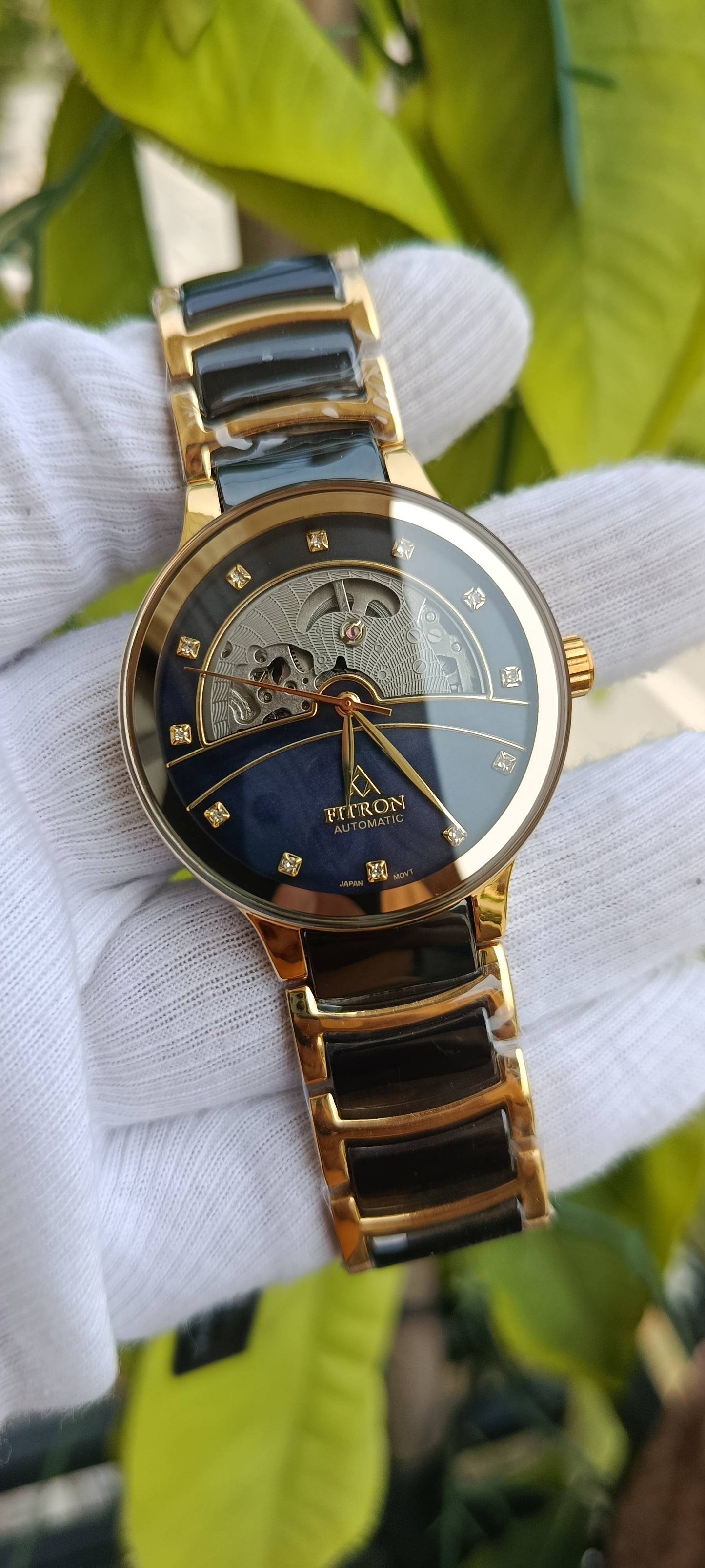 Fitron Automatic Skeleton Watch for Men – Gold & Black Stainless Steel Mechanical Wristwatch