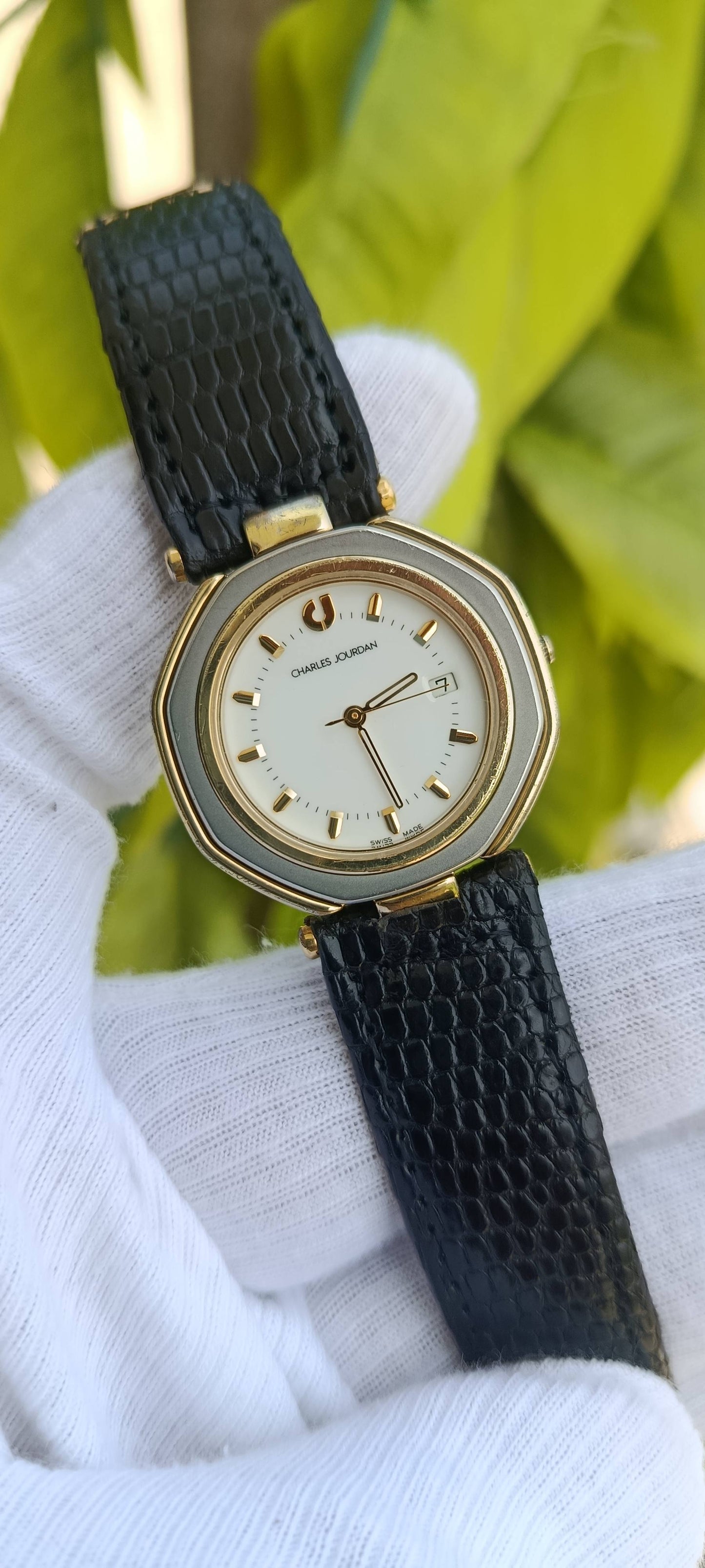 Vintage Charles Jourdan Swiss Made Watch | Two-Tone Octagonal Case | Gold-Tone & Silver | Leather Strap