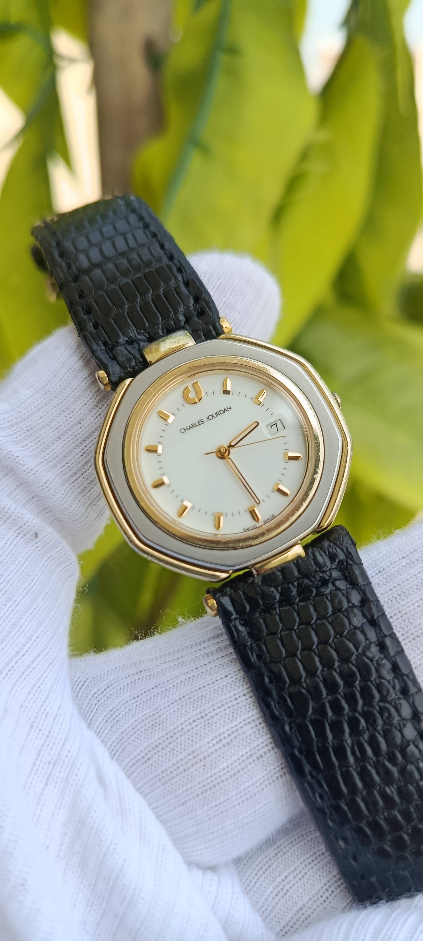 Vintage Charles Jourdan Swiss Made Watch | Two-Tone Octagonal Case | Gold-Tone & Silver | Leather Strap