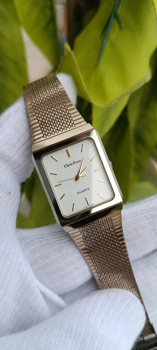 Vintage Chris Evan Quartz Watch | Rectangular Case | Silver-Tone Mesh Bracelet | Japan Movement