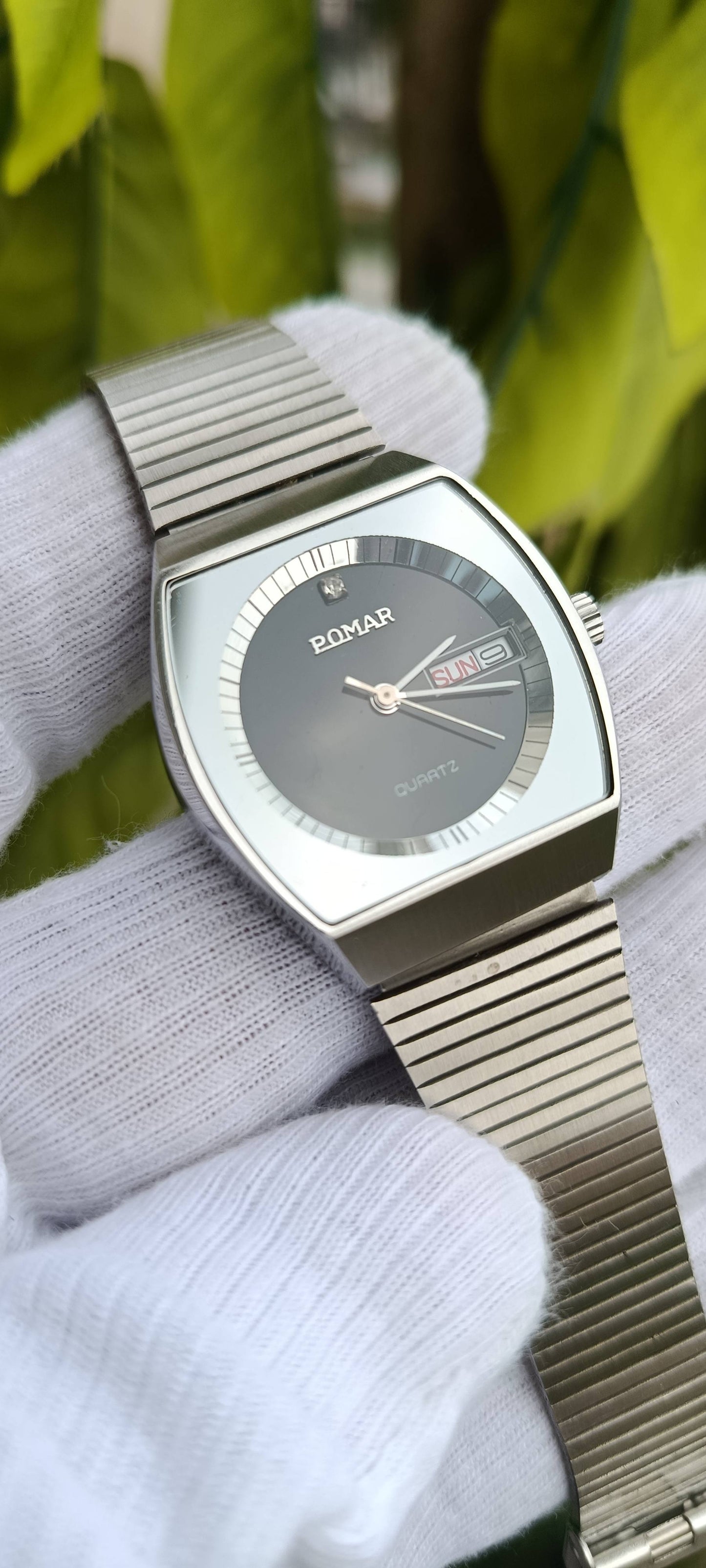Vintage Pomar Quartz Watch | TV Case Design | Black Dial | Day-Date | Stainless Steel Bracelet