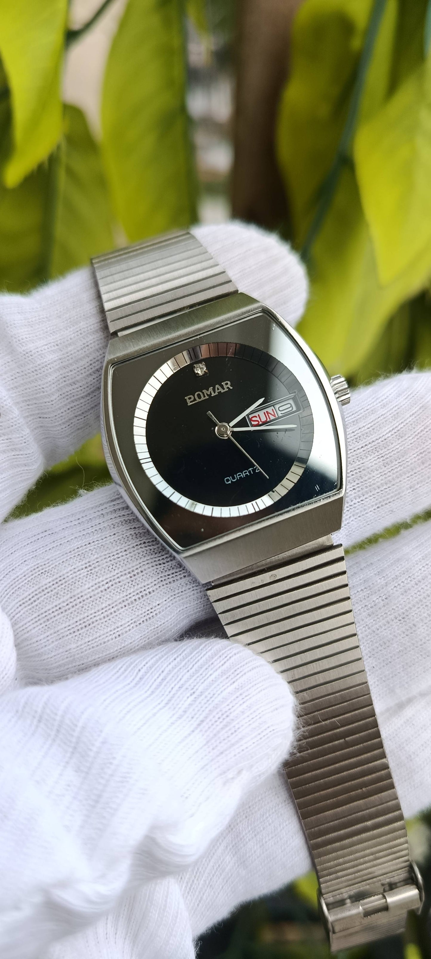 Vintage Pomar Quartz Watch | TV Case Design | Black Dial | Day-Date | Stainless Steel Bracelet