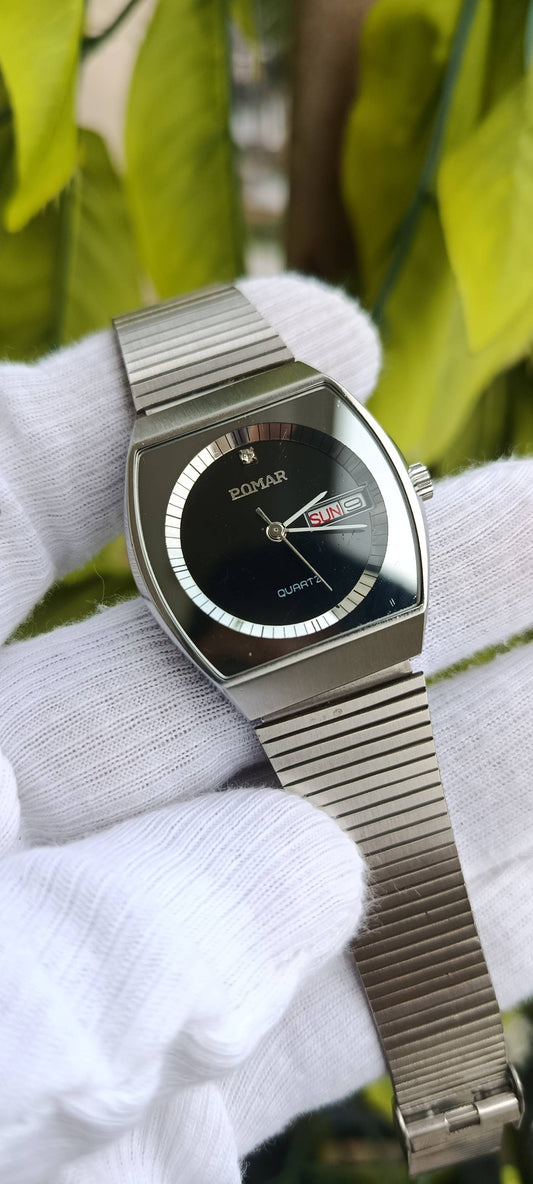 Vintage Pomar Quartz Watch | TV Case Design | Black Dial | Day-Date | Stainless Steel Bracelet