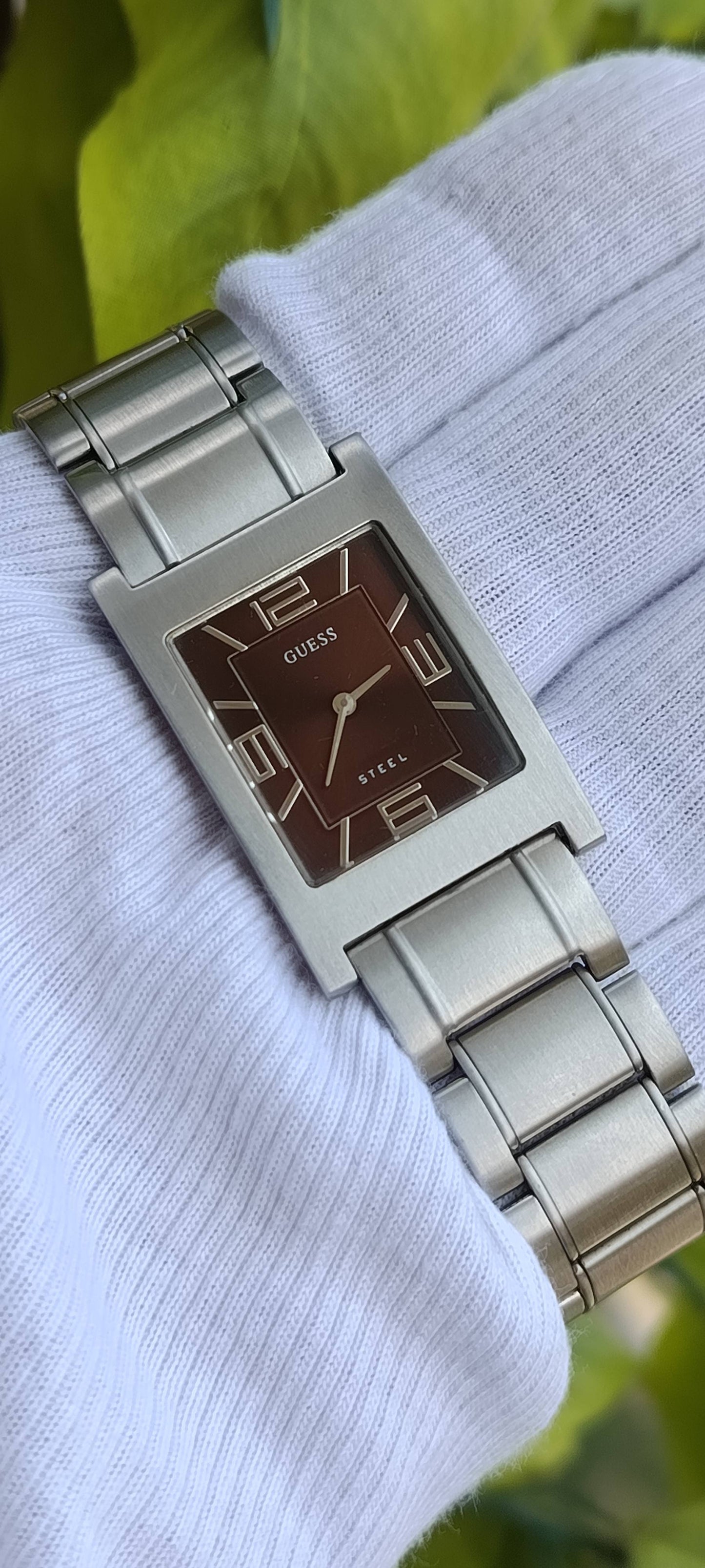 Vintage Guess Steel Watch | Rectangular Brown Dial | Arabic Numeral Markers | Stainless Steel Case & Bracelet | Fold-Over Clasp