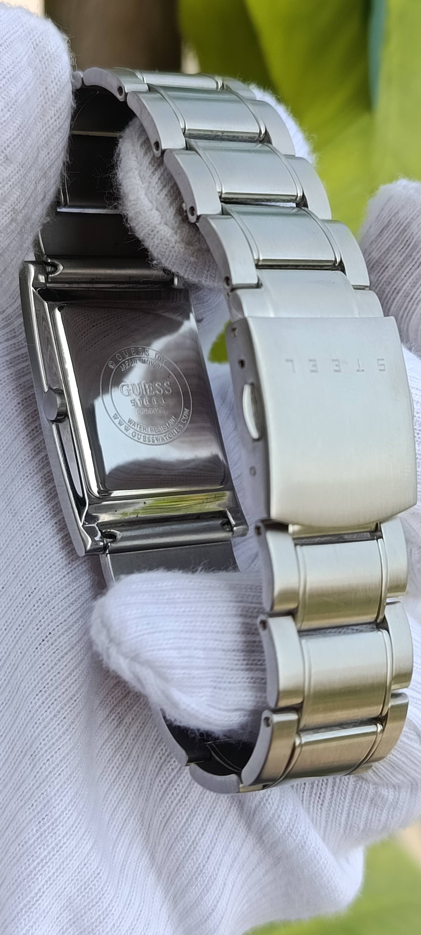 Vintage Guess Steel Watch | Rectangular Black Dial | Crystal Accent Marker | Japan Movement | Ref. G75605G | Stainless Steel Case & Bracelet | Fold-Over Clasp