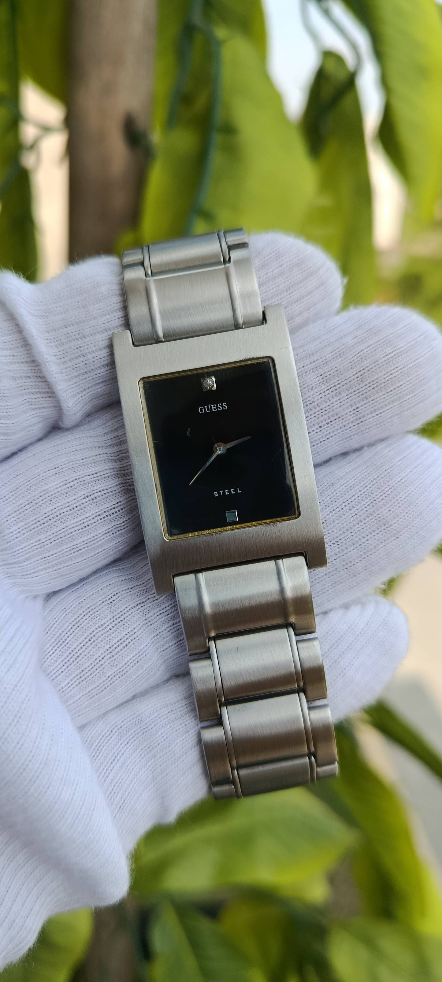 Vintage Guess Steel Watch | Rectangular Black Dial | Crystal Accent Marker | Japan Movement | Ref. G75605G | Stainless Steel Case & Bracelet | Fold-Over Clasp