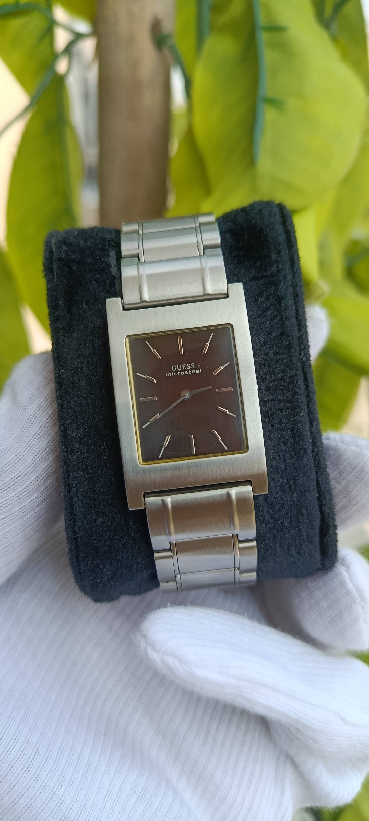 Vintage Guess Microsteel Watch | Rectangular Brown Dial | Gold-Tone Bezel Trim | Baton Markers | Stainless Steel Case & Bracelet