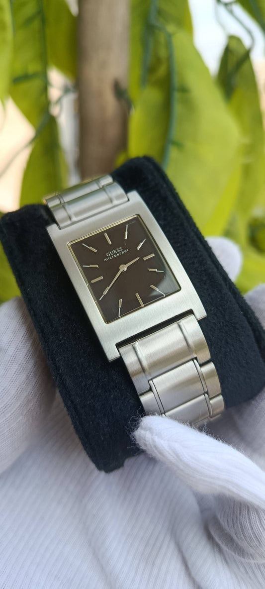 Vintage Guess Microsteel Watch | Rectangular Brown Dial | Gold-Tone Bezel Trim | Baton Markers | Stainless Steel Case & Bracelet