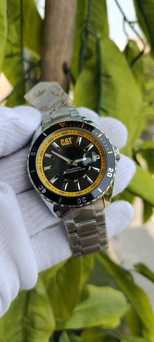 CAT (Caterpillar) Diver-Style Watch | Black Textured Dial | Yellow Accent Ring | Rotating Bezel | Date Window