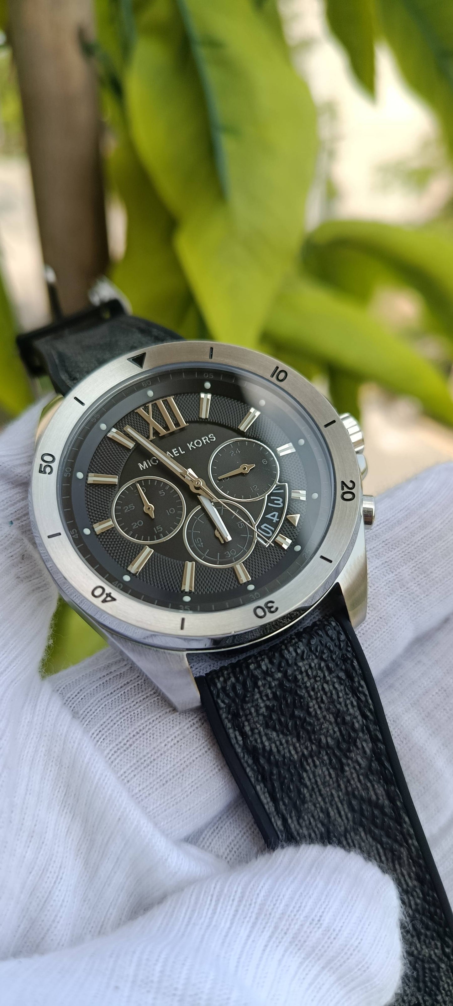 Michael Kors Chronograph Watch | Grey Textured Dial | Roman Numeral at 12 | Multi-Subdial Chronograph | Day-Date Display | Stainless Steel Case | MK Signature Print Silicone Strap | Ref. MK-8850