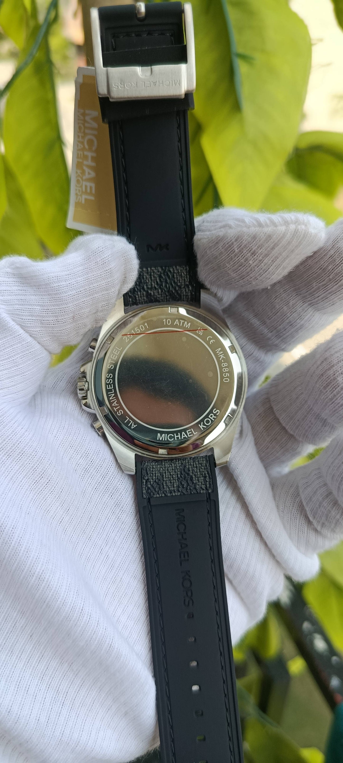 Michael Kors Chronograph Watch | Grey Textured Dial | Roman Numeral at 12 | Multi-Subdial Chronograph | Day-Date Display | Stainless Steel Case | MK Signature Print Silicone Strap | Ref. MK-8850