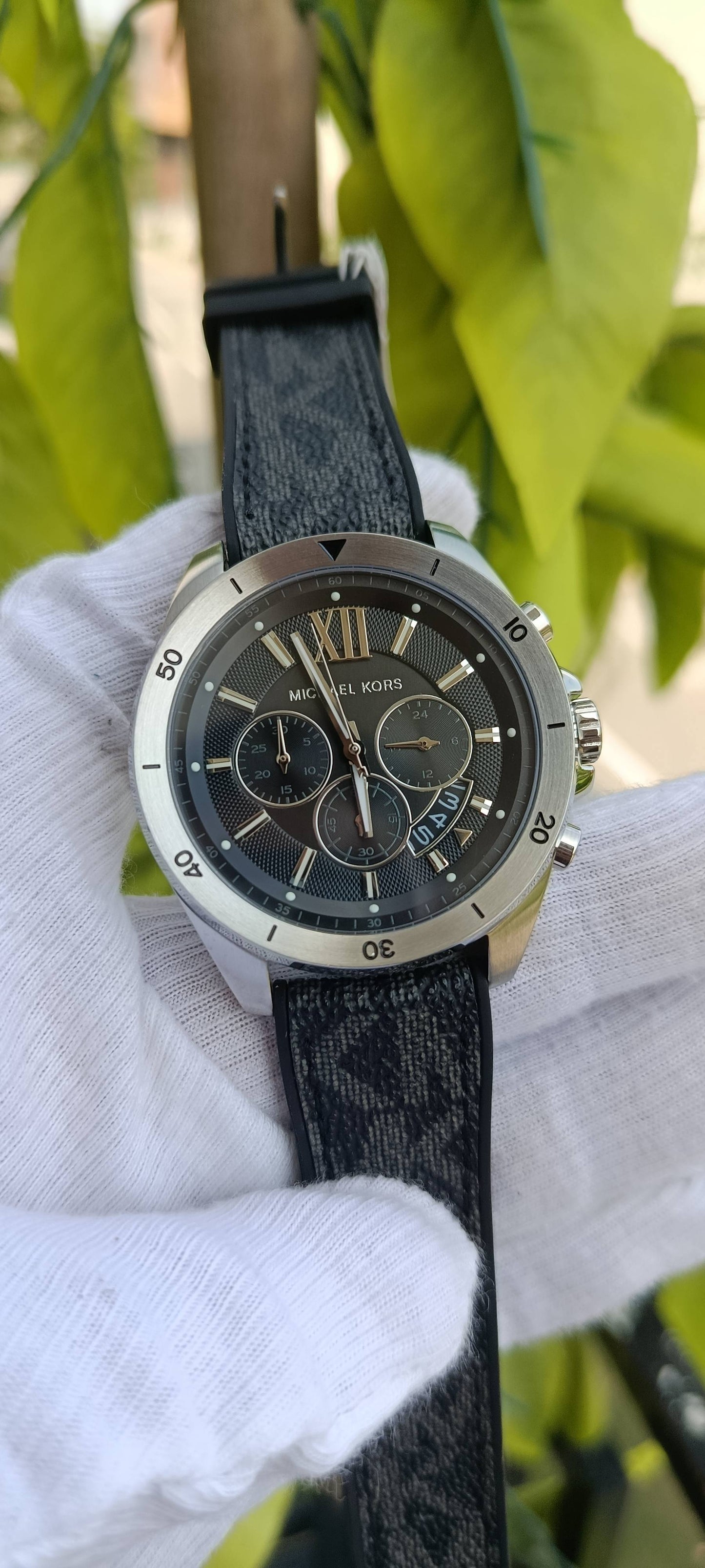 Michael Kors Chronograph Watch | Grey Textured Dial | Roman Numeral at 12 | Multi-Subdial Chronograph | Day-Date Display | Stainless Steel Case | MK Signature Print Silicone Strap | Ref. MK-8850