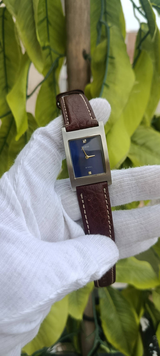 Pre-Owned Guess Steel Watch | Rectangular Case | Navy Blue Dial | Italian Leather Strap