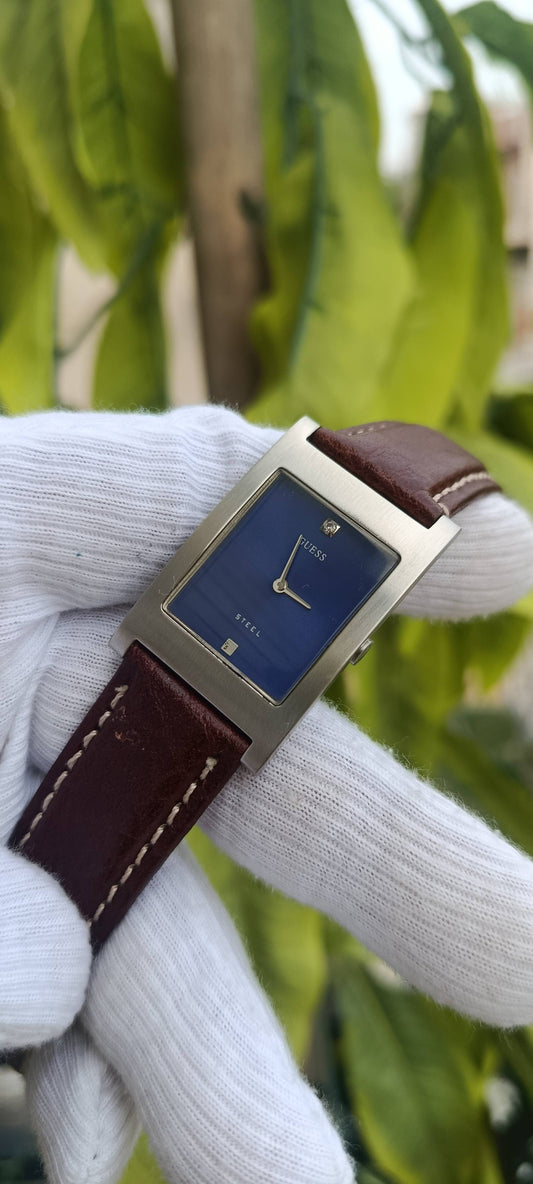 Pre-Owned Guess Steel Watch | Rectangular Case | Navy Blue Dial | Italian Leather Strap