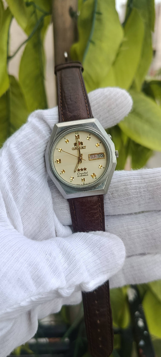 Vintage Orient Crystal 3 Star Automatic Watch | 21 Jewels | Day-Date | Octagonal Case | Leather Strap