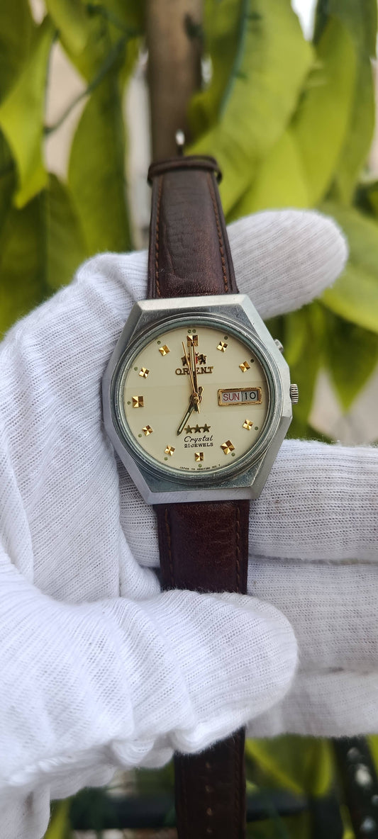 Vintage Orient Crystal 3 Star Automatic Watch | 21 Jewels | Day-Date | Octagonal Case | Leather Strap