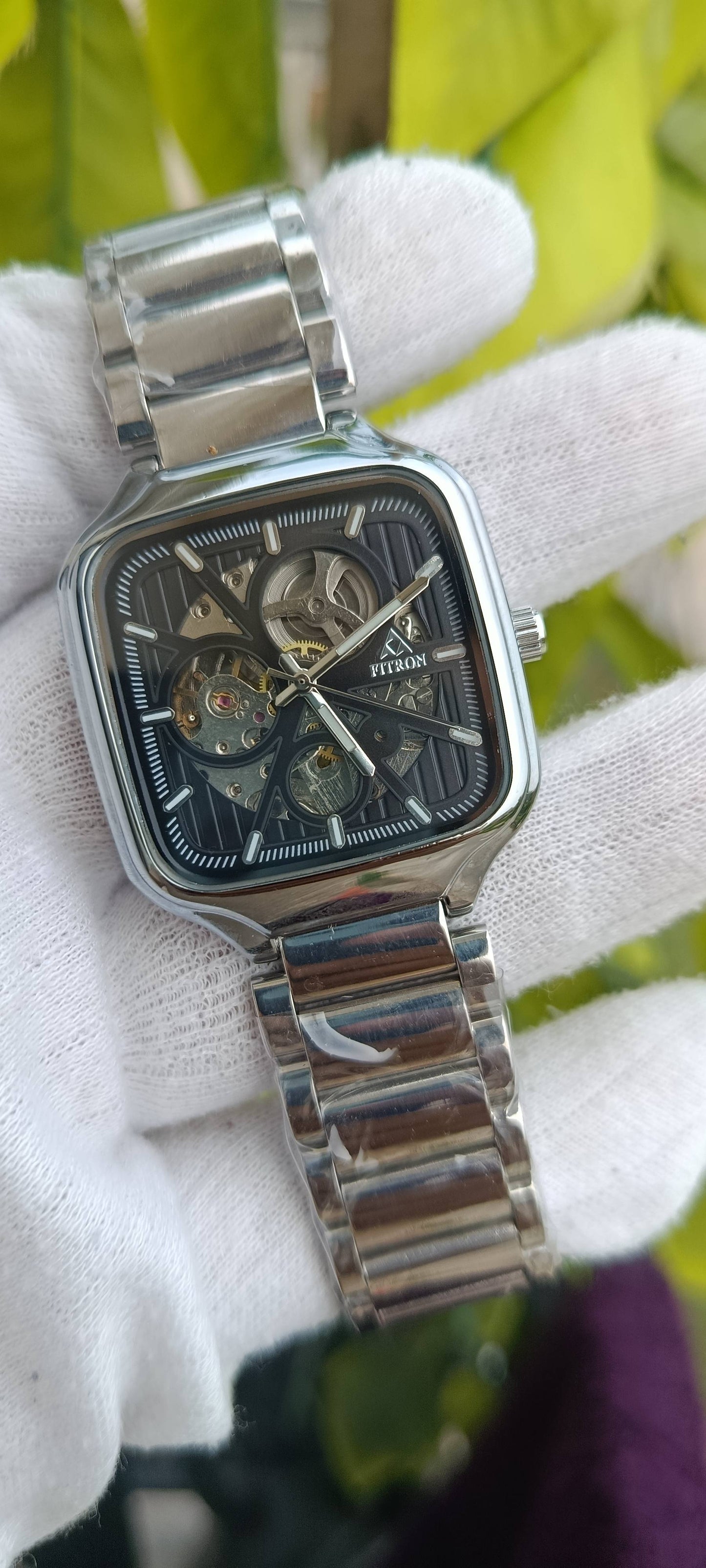 Fitron Automatic Skeleton Watch | Square Cushion Case | Black Dial | Ceramic Coated Bracelet