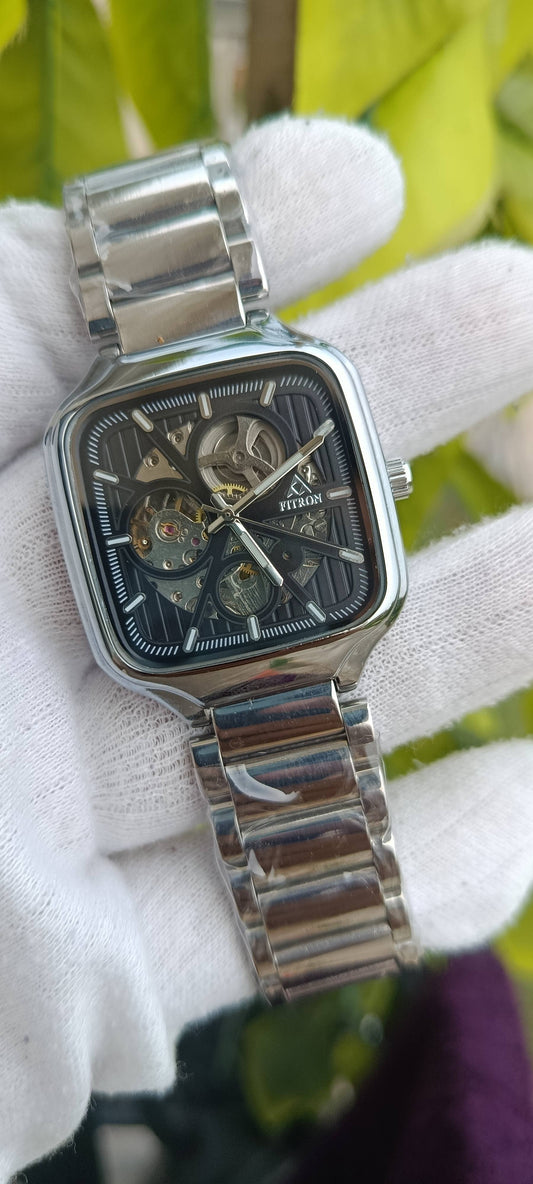 Fitron Automatic Skeleton Watch | Square Cushion Case | Black Dial | Ceramic Coated Bracelet