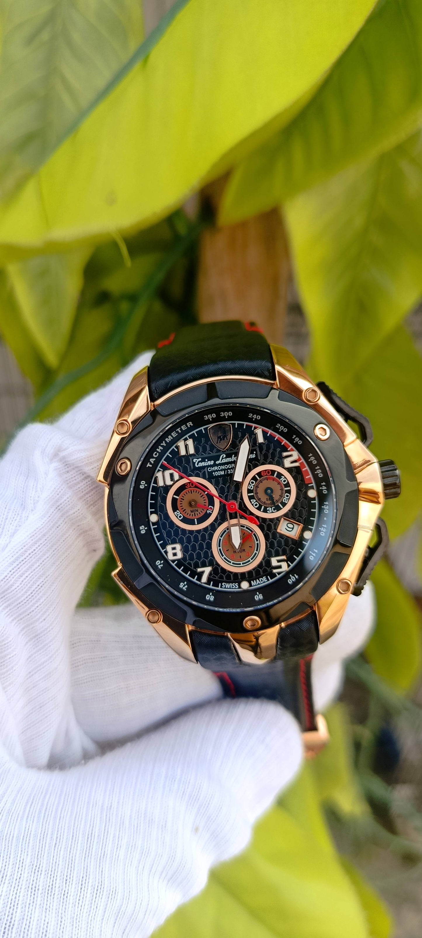 Tonino Lamborghini Chronograph Men's Watch – Rose Gold Case, Black Dial, Genuine Leather Strap – Swiss Made