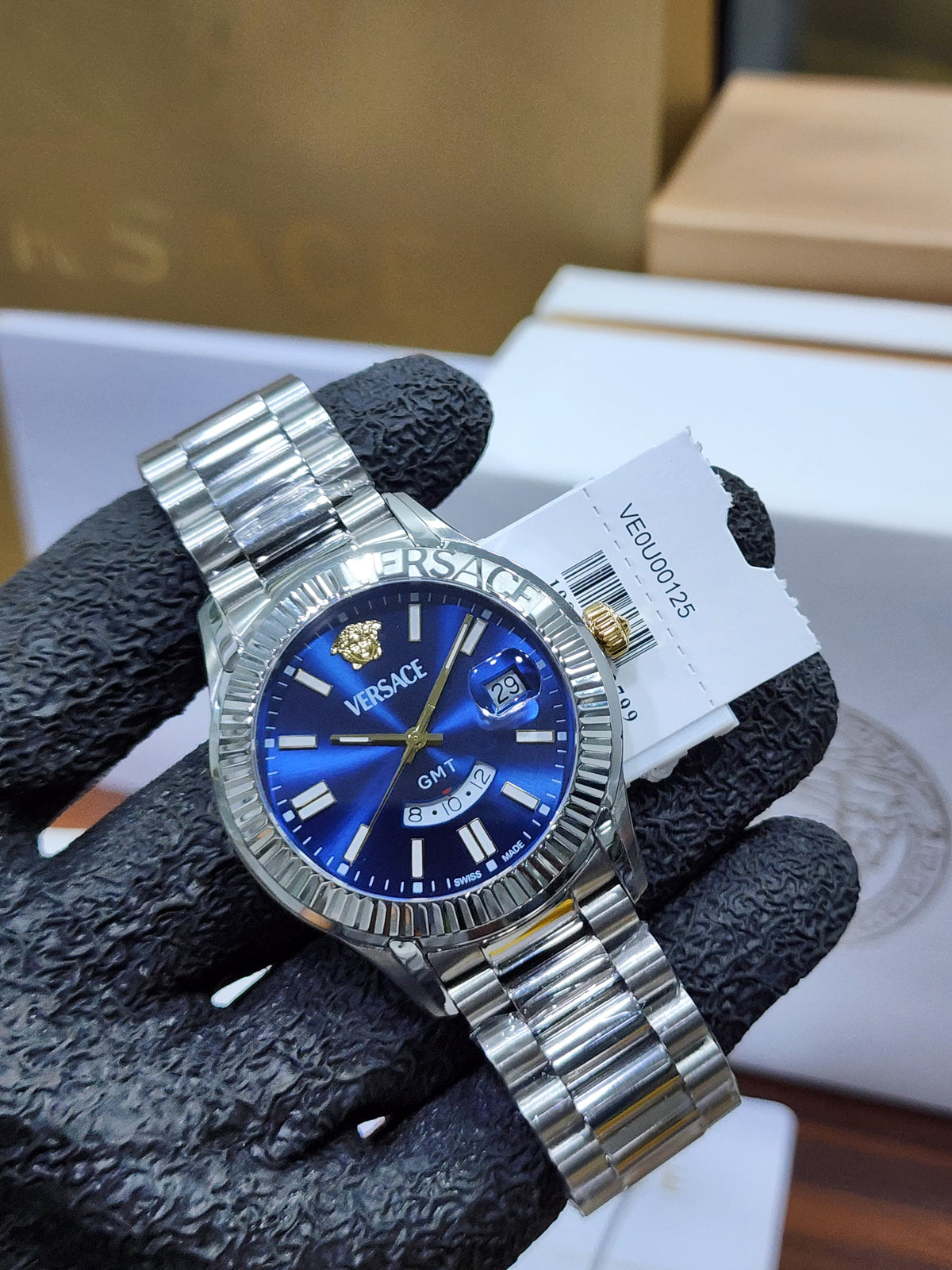 Versace GMT Men's Silver Blue Dial Swiss Watch VEOU00125