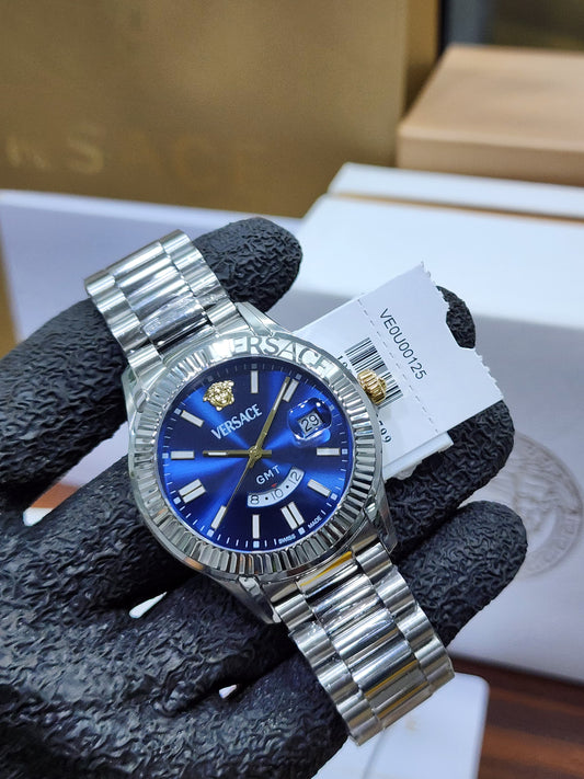 Versace GMT Men's Silver Blue Dial Swiss Watch VEOU00125