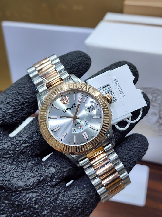 Versace GMT Men's Two-Tone Rose Gold Silver Dial Swiss Watch VEOU00425