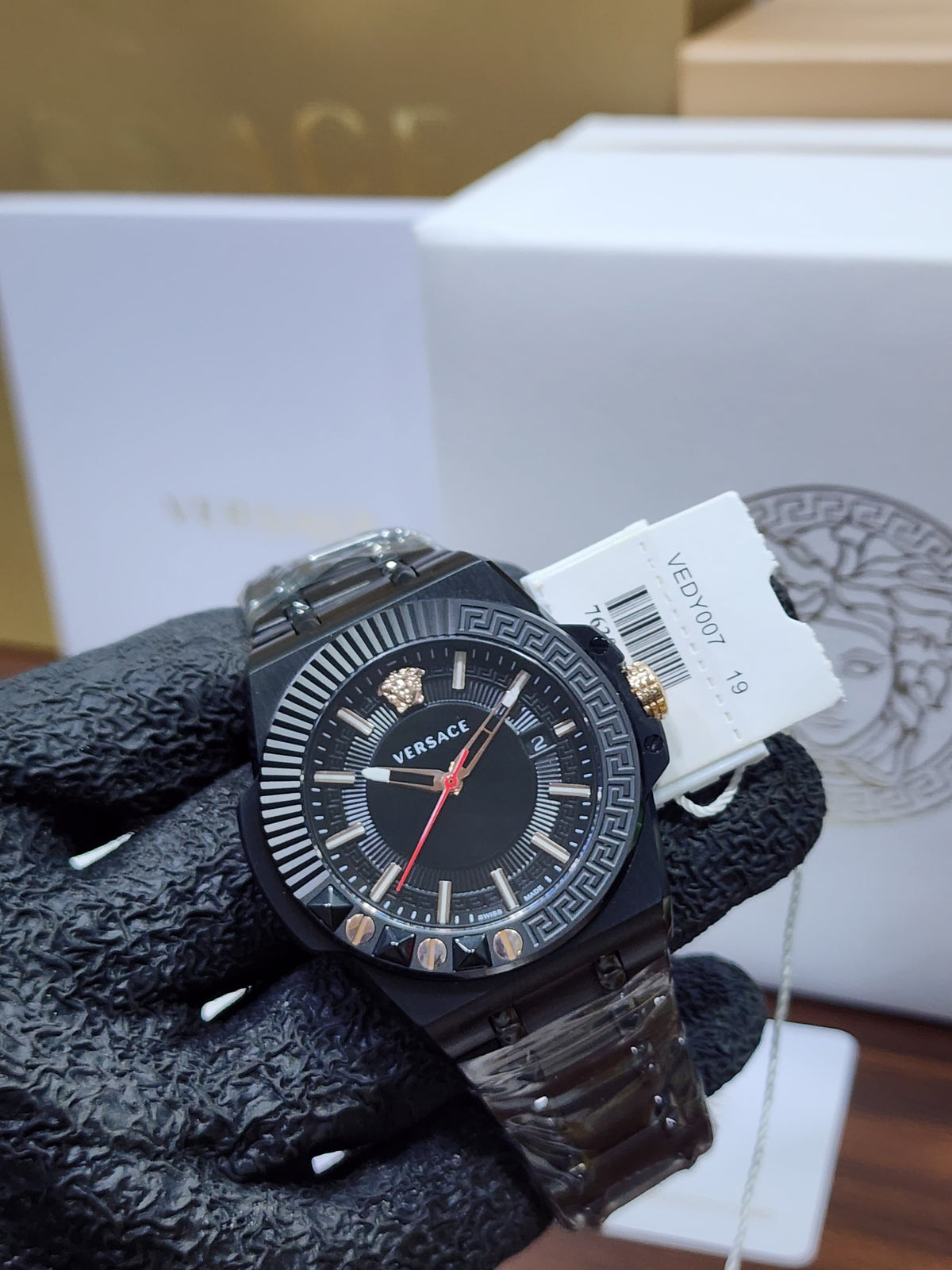 Versace Odissi Men's Black IP Studded Bezel Watch VEDY00719
