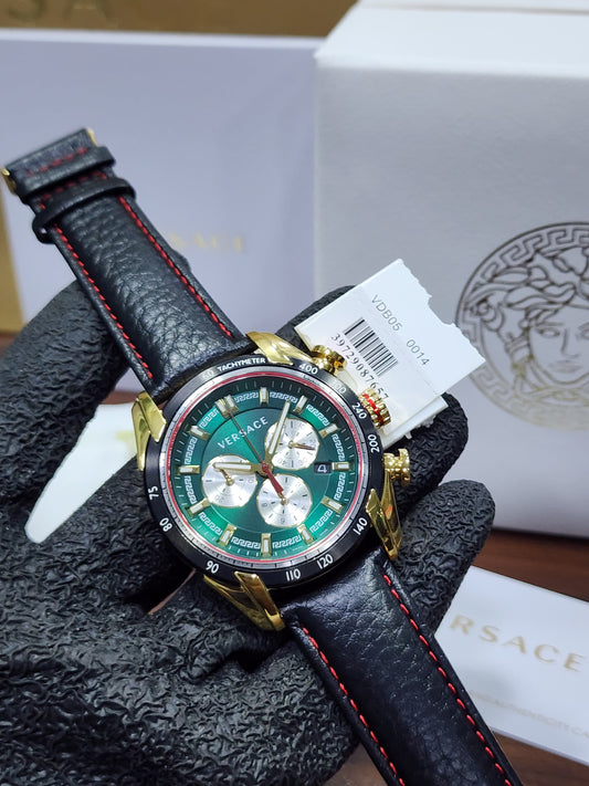 Versace VDB05 Green Dial Chronograph Men's Watch Gold-Tone Black Leather Strap