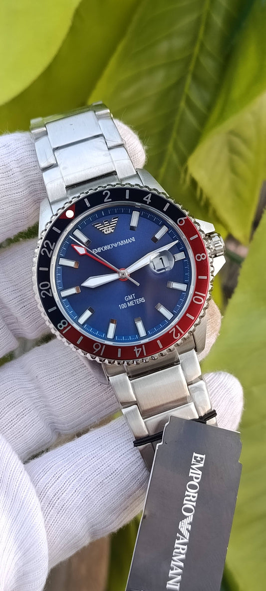 Emporio Armani AR11590 Men's GMT Diver Watch – Blue Dial, Stainless Steel, Pepsi Bezel